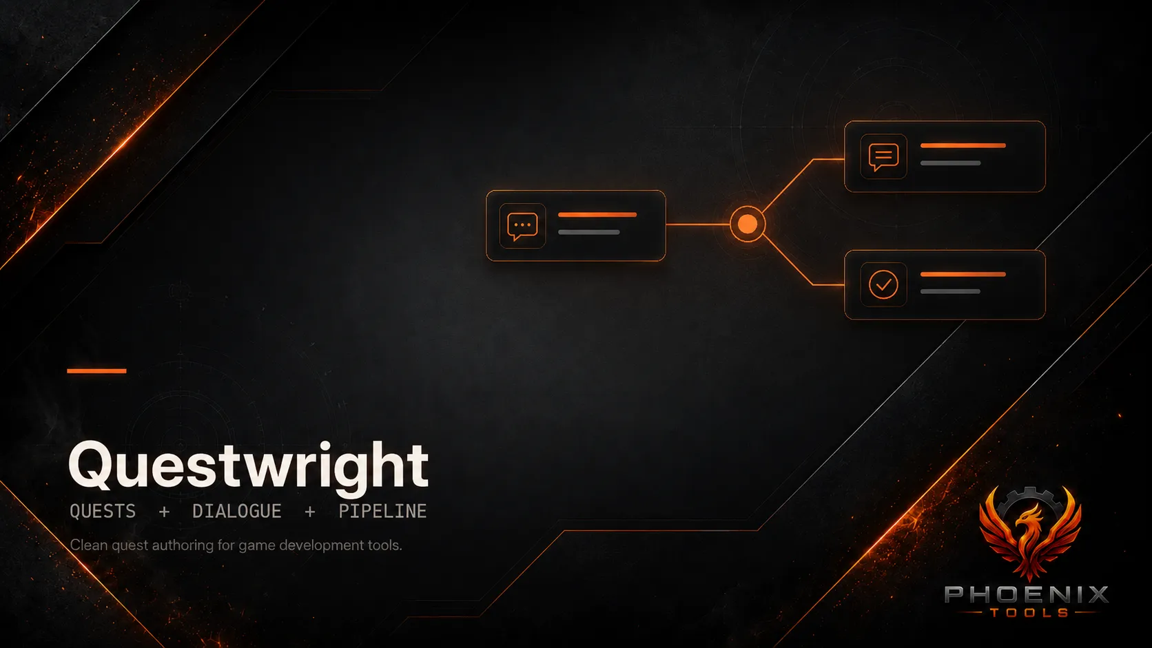 Questwright cover art: a dialogue node branching into reply cards, ember-orange on dark sci-fi panels, with the Phoenix Tools crest.