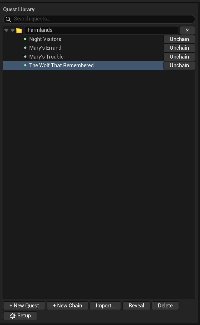 The library with a story chain expanded and per-quest status badges
