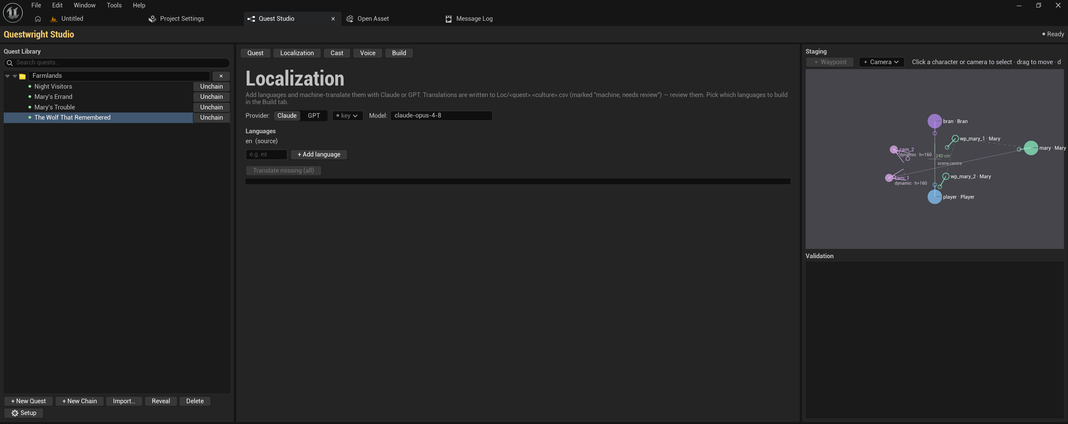 The Localization tab with language coverage and the machine-translate action