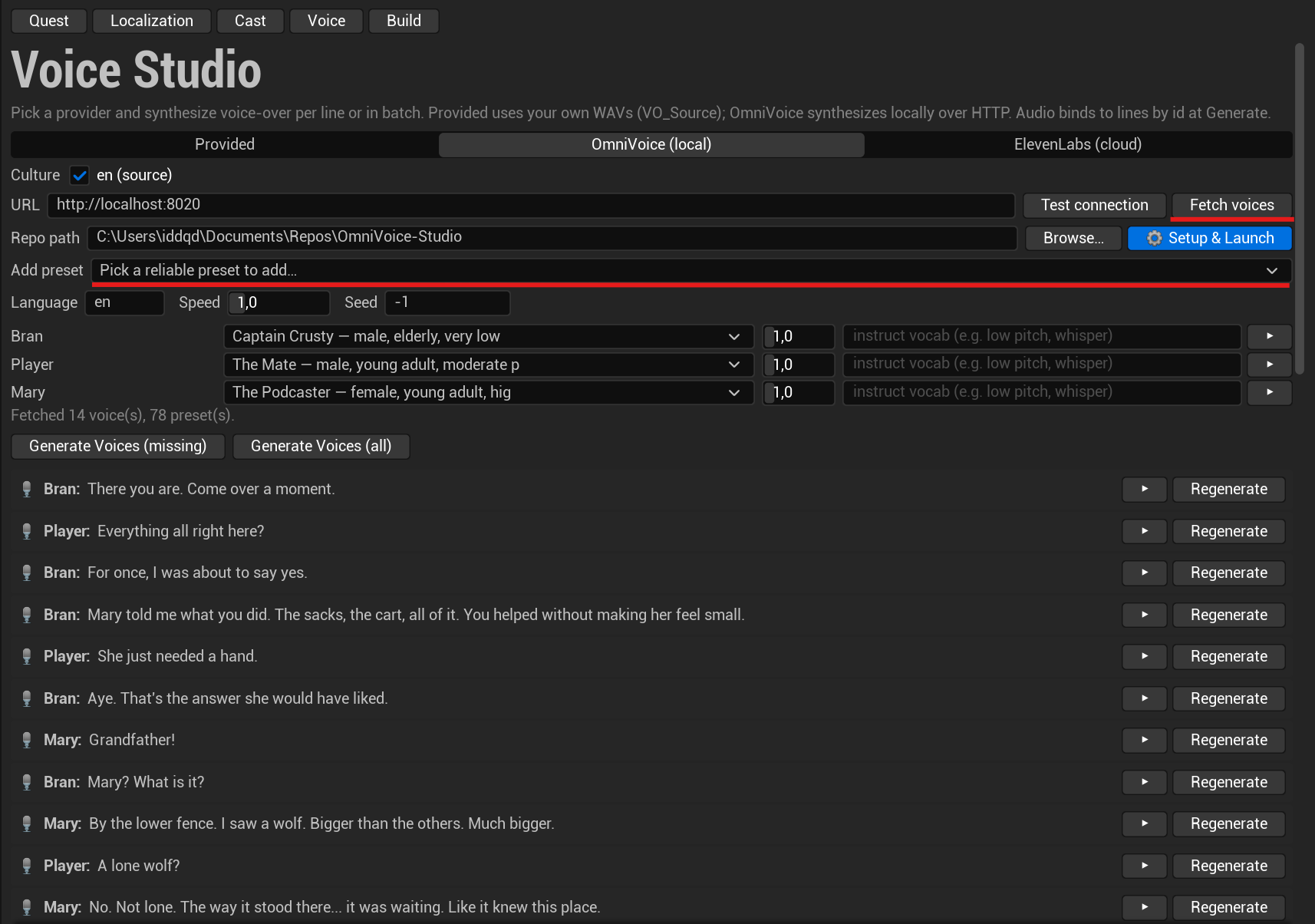 The Fetch voices button retrieves all available speakers from the running server